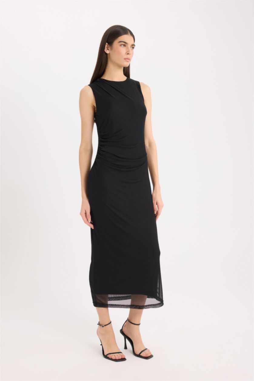 Woman Black Bodycon Round Collar Tulle Sleeveless Midi Dress