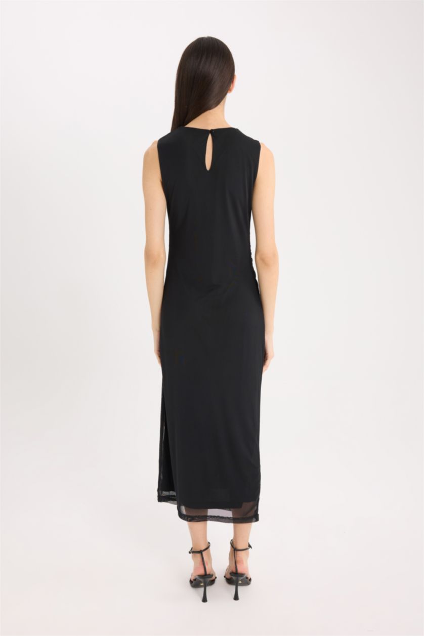 Woman Black Bodycon Round Collar Tulle Sleeveless Midi Dress