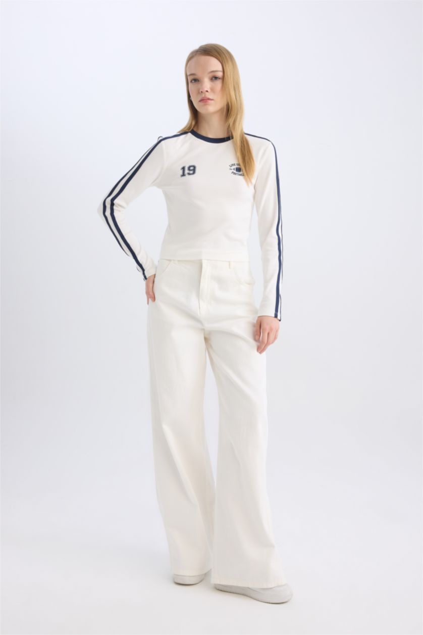 WOMAN White Fitted Body Fitting Printed Ribbed Long Sleeve T-Shirt