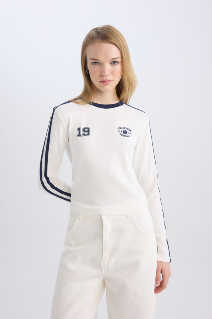 WOMAN White Fitted Body Fitting Printed Ribbed Long Sleeve T-Shirt