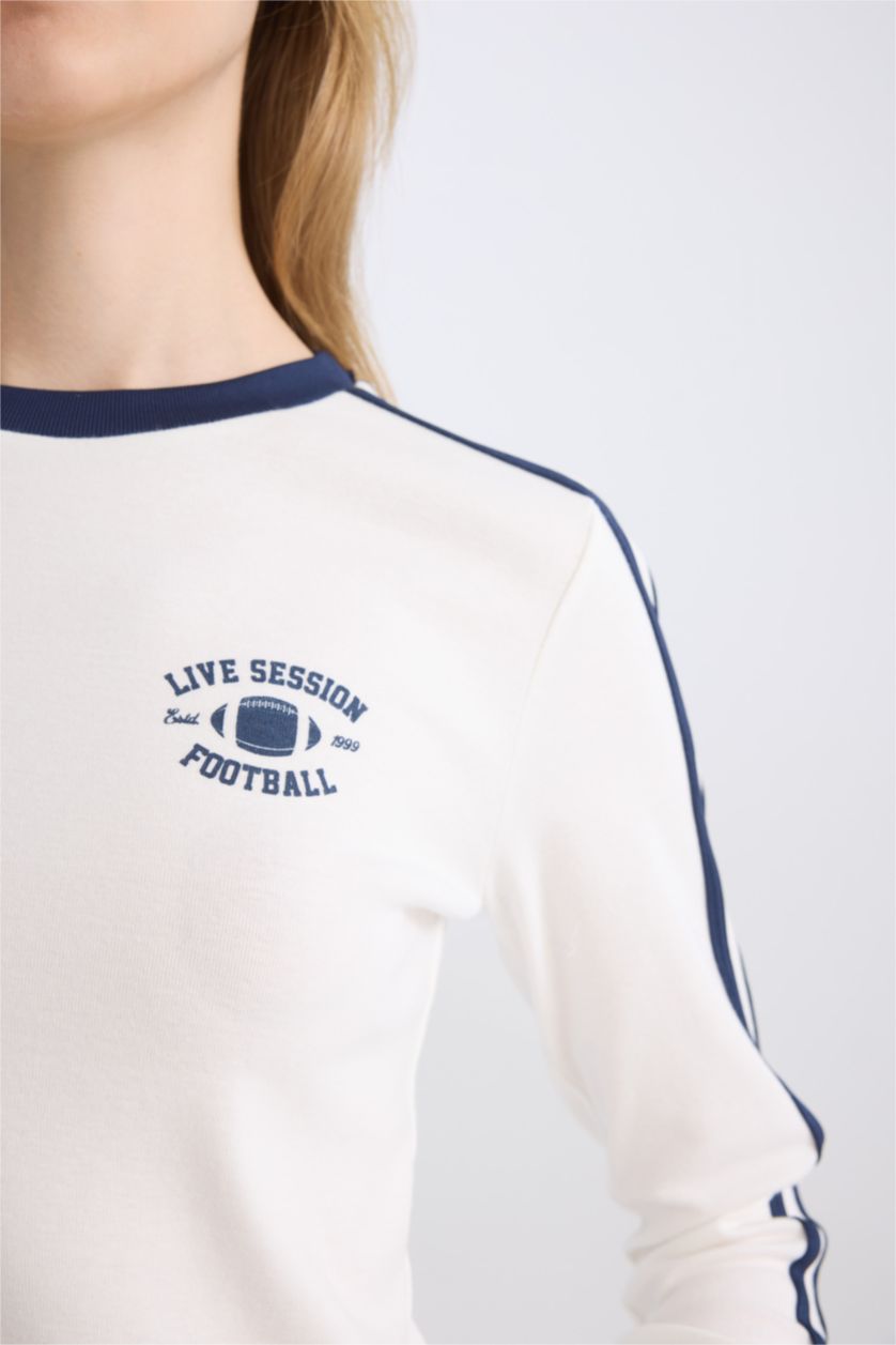 WOMAN White Fitted Body Fitting Printed Ribbed Long Sleeve T-Shirt