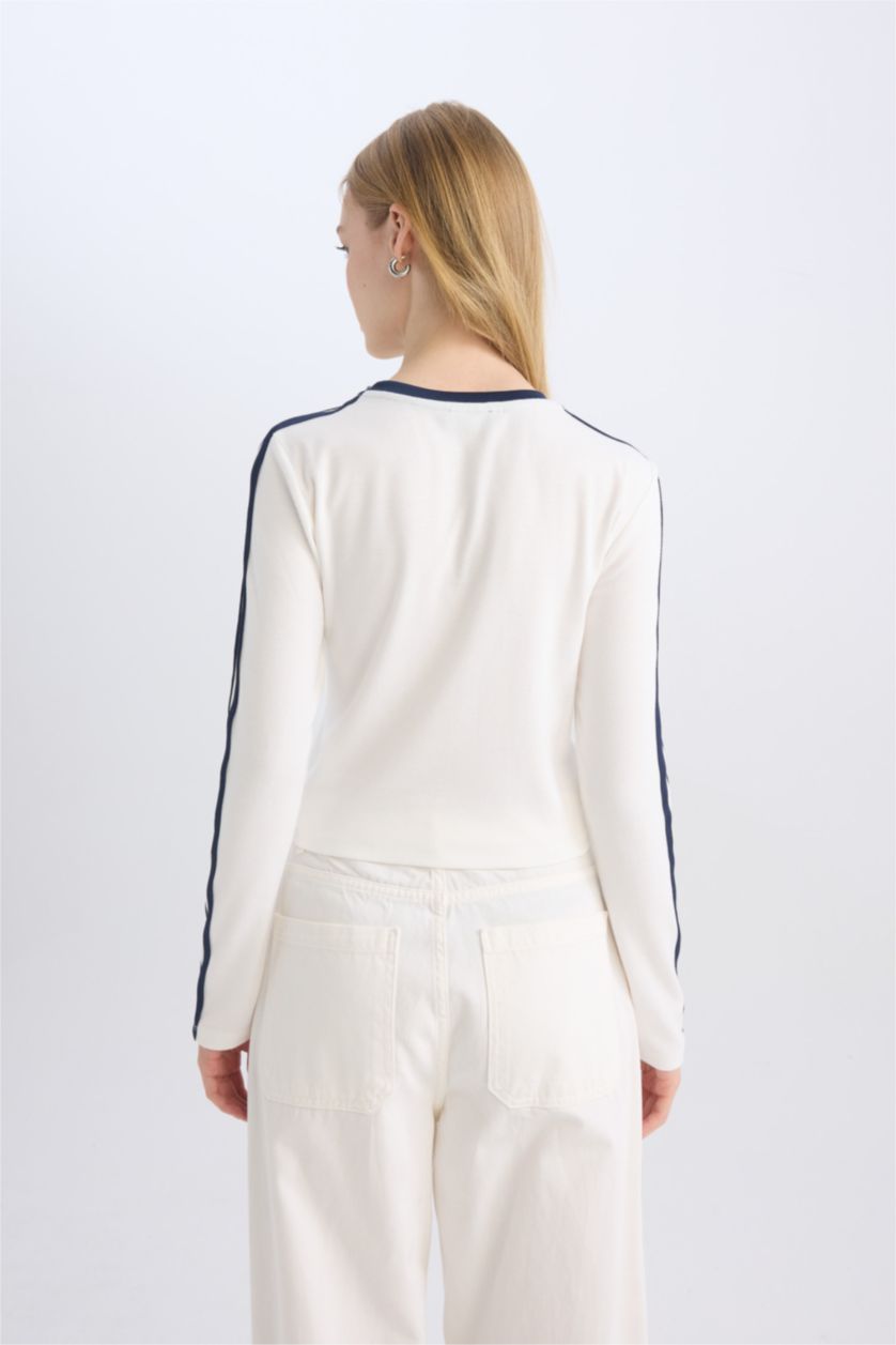 WOMAN White Fitted Body Fitting Printed Ribbed Long Sleeve T-Shirt