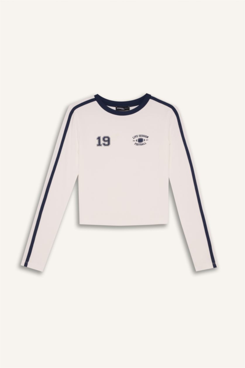 WOMAN White Fitted Body Fitting Printed Ribbed Long Sleeve T-Shirt