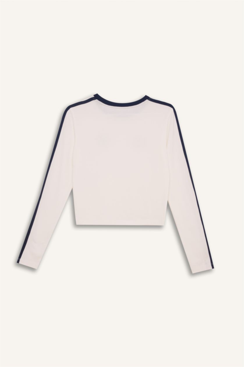 WOMAN White Fitted Body Fitting Printed Ribbed Long Sleeve T-Shirt