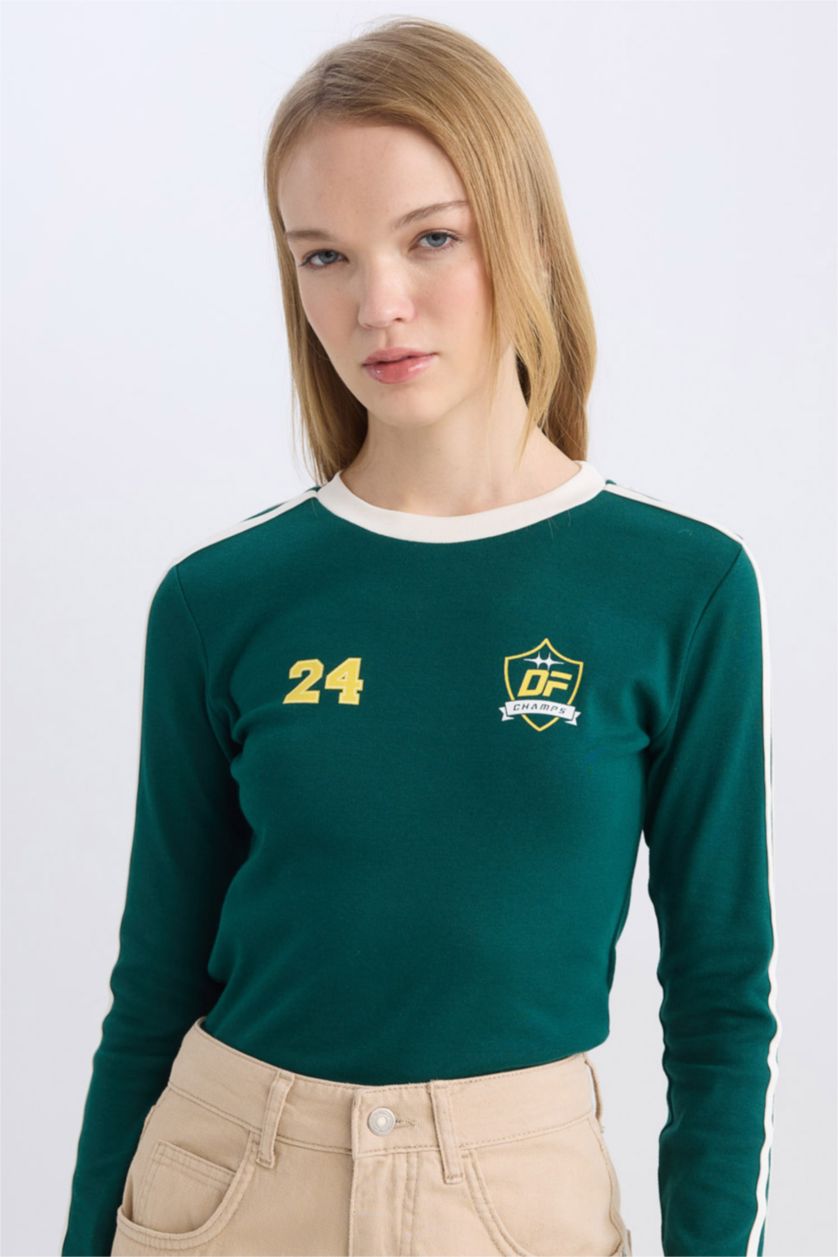 Kadın Yeşil Fitted Vücuda Oturan Baskılı Ribana Uzun Kollu Tişört