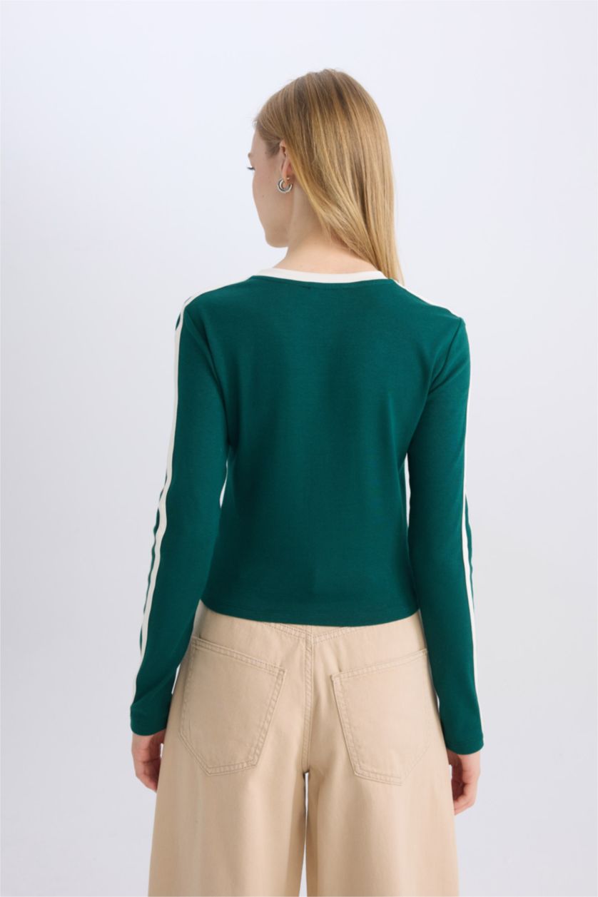 Kadın Yeşil Fitted Vücuda Oturan Baskılı Ribana Uzun Kollu Tişört
