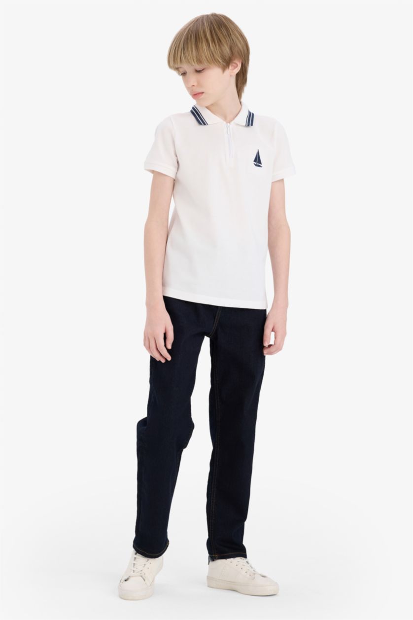 Erkek Çocuk - Genç Erkek Beyaz Polo Yaka Nakışlı Pike Kısa Kollu Tişört Erkek Çocuk