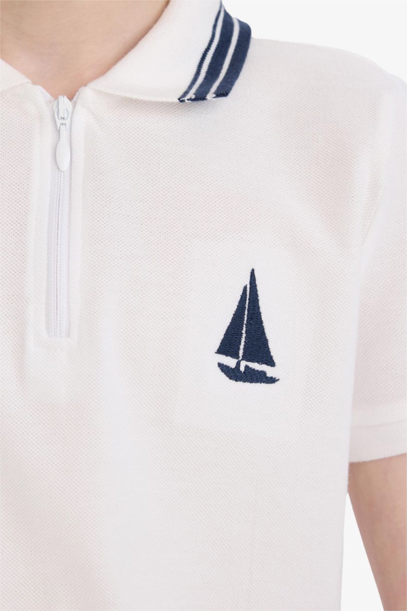 Erkek Çocuk - Genç Erkek Beyaz Polo Yaka Nakışlı Pike Kısa Kollu Tişört Erkek Çocuk