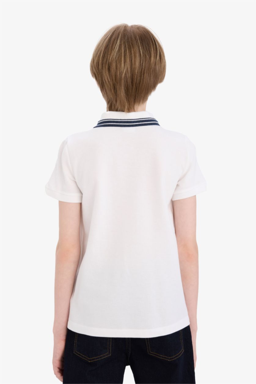 Erkek Çocuk - Genç Erkek Beyaz Polo Yaka Nakışlı Pike Kısa Kollu Tişört Erkek Çocuk