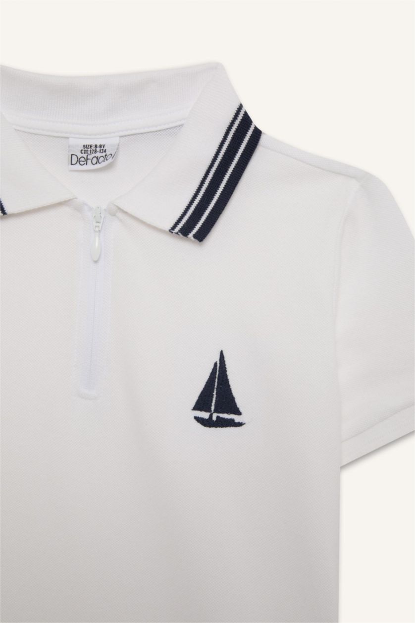 Erkek Çocuk - Genç Erkek Beyaz Polo Yaka Nakışlı Pike Kısa Kollu Tişört Erkek Çocuk
