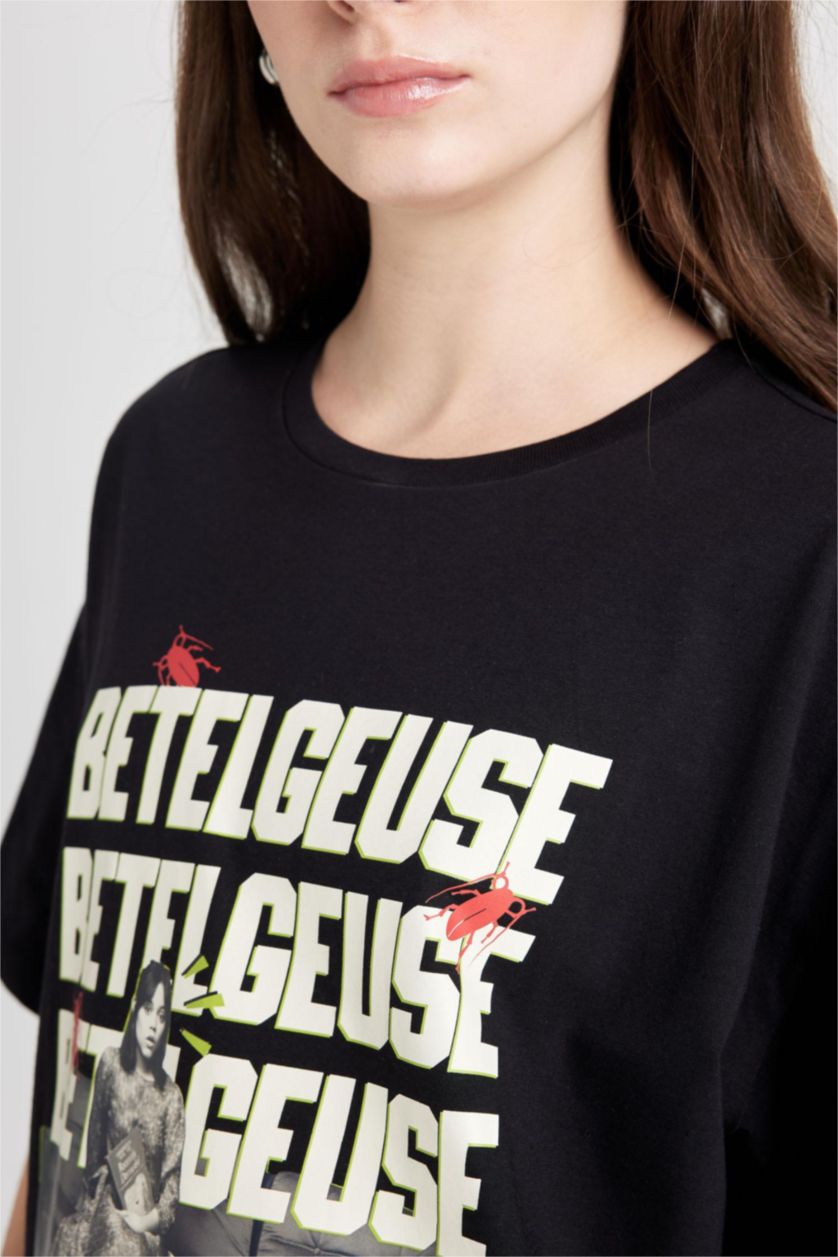 Kadın Siyah Beetlejuice Oversize Geniş Kalıp Bisiklet Yaka Kısa Kollu Tişört