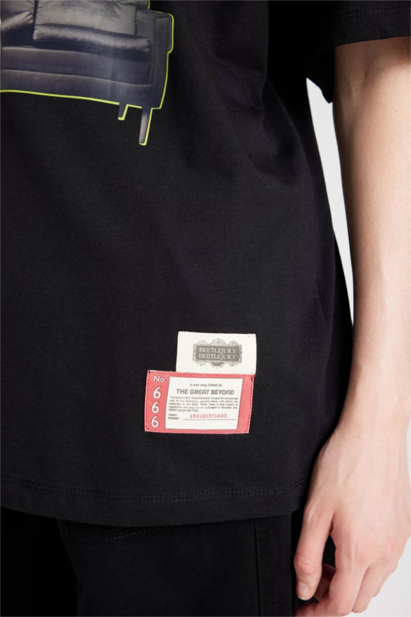 Kadın Siyah Beetlejuice Oversize Geniş Kalıp Bisiklet Yaka Kısa Kollu Tişört