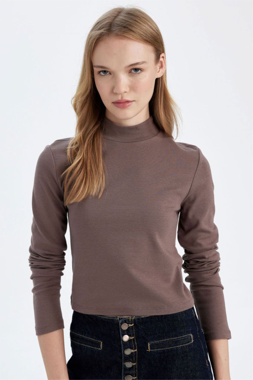 WOMAN Brown Fitted Half Turtleneck Modal Basic Long Sleeve T-Shirt