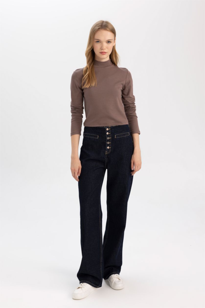 WOMAN Brown Fitted Half Turtleneck Modal Basic Long Sleeve T-Shirt
