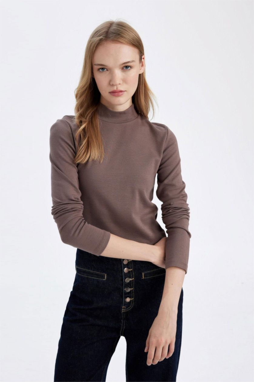 WOMAN Brown Fitted Half Turtleneck Modal Basic Long Sleeve T-Shirt