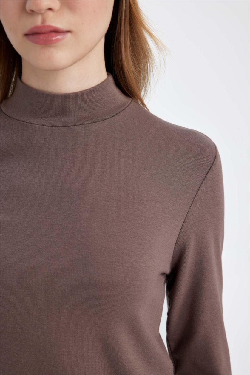 WOMAN Brown Fitted Half Turtleneck Modal Basic Long Sleeve T-Shirt