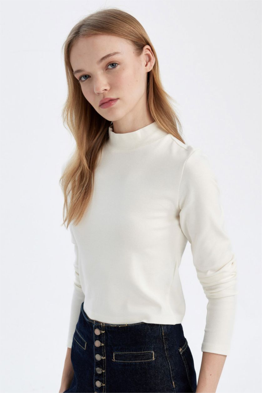 WOMAN White Fitted White Body Fitting Half Turtleneck Modal Basic T-Shirt