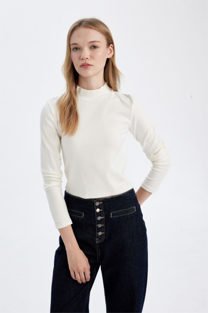 WOMAN White Fitted White Body Fitting Half Turtleneck Modal Basic T-Shirt