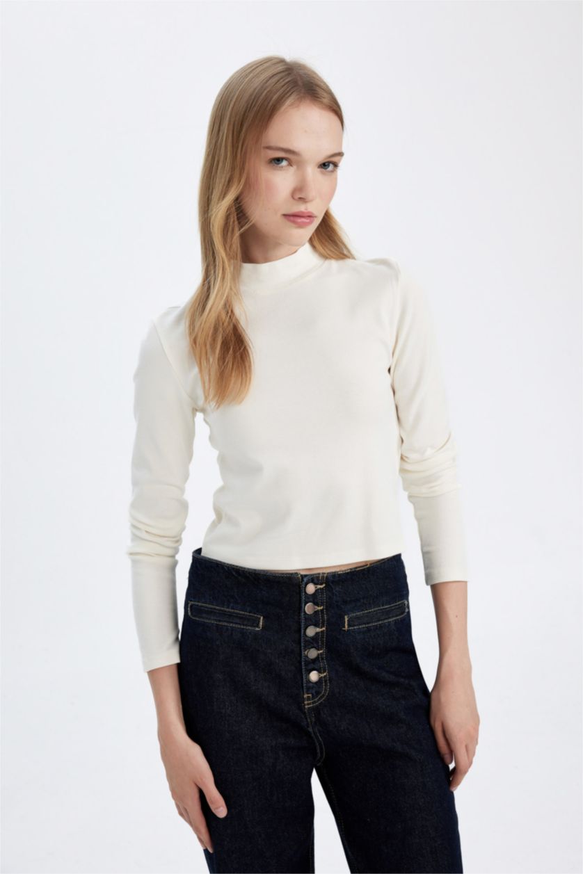 WOMAN White Fitted White Body Fitting Half Turtleneck Modal Basic T-Shirt