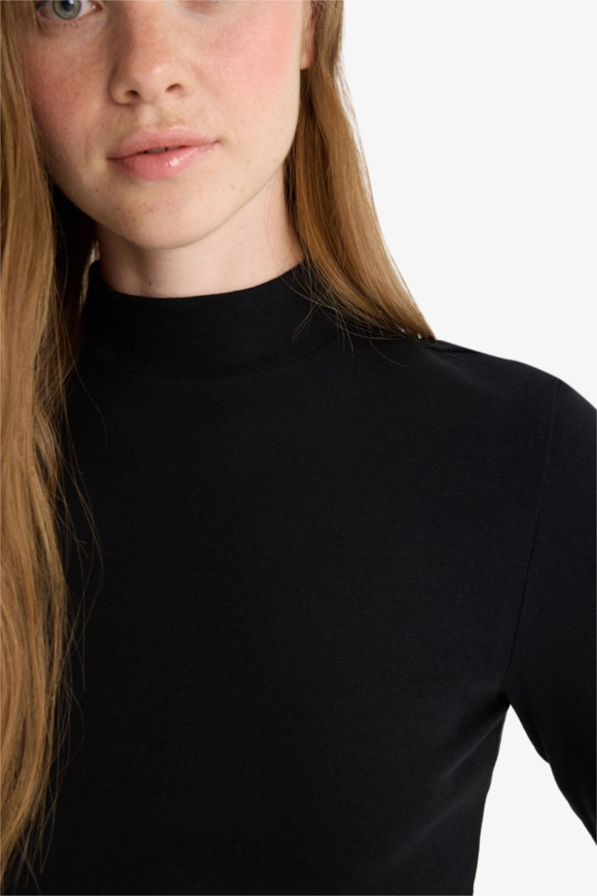 Женщины Черный Приталенная футболка из модала с полу-высоким воротником и длинным рукавом