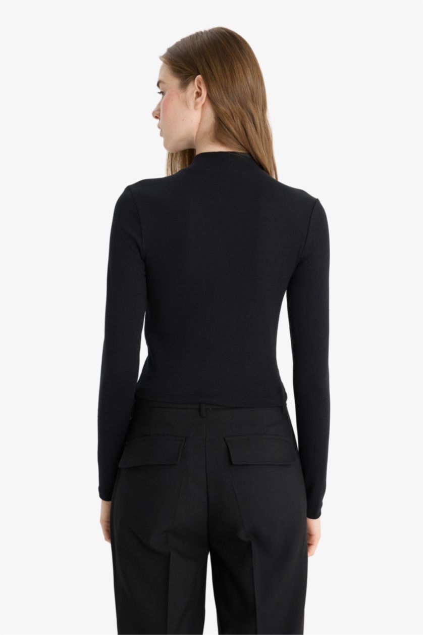 Женщины Черный Приталенная футболка из модала с полу-высоким воротником и длинным рукавом