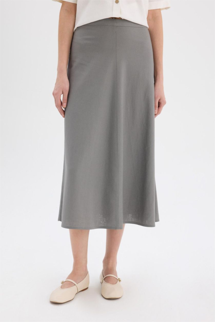 Woman Grey A Cut Normal Waist Linen Blend Maxi Skirt