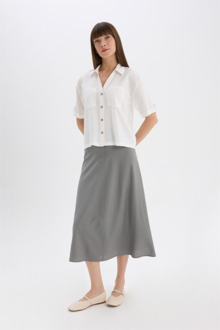 Woman Grey A Cut Normal Waist Linen Blend Maxi Skirt