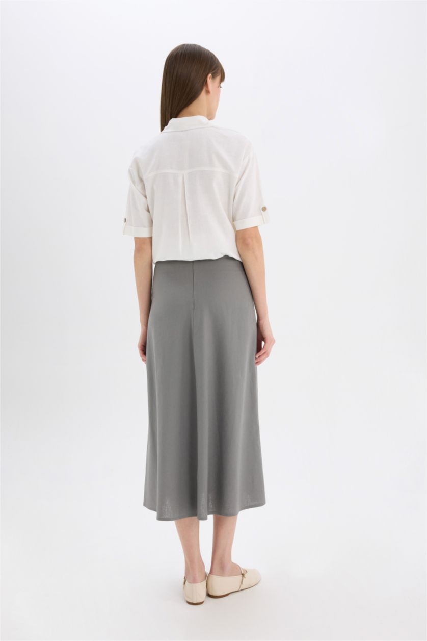 Woman Grey A Cut Normal Waist Linen Blend Maxi Skirt