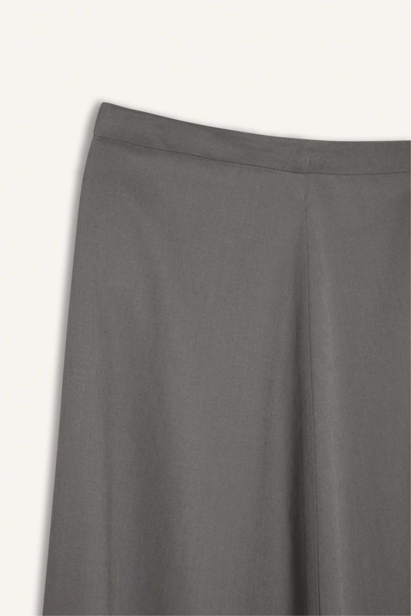 Woman Grey A Cut Normal Waist Linen Blend Maxi Skirt