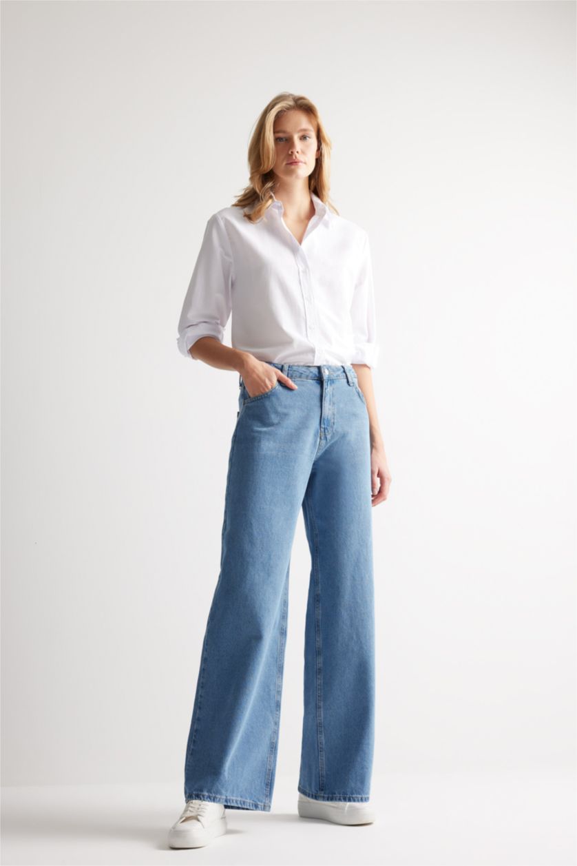 Kadın Mavi Wıde Leg Yüksek Bel Uzun Jean Yıkamalı Pantolon