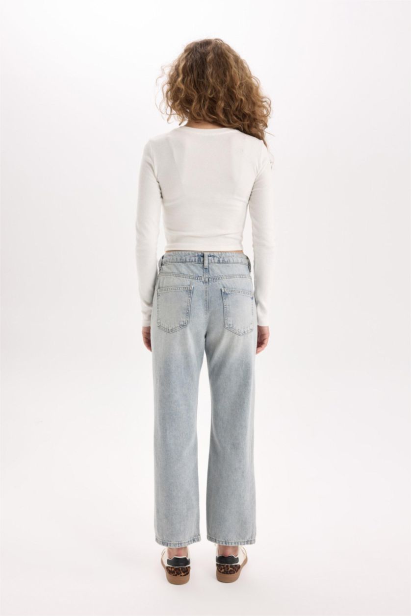 WOMAN Blue Straight Fit High Waist Ankle Length Washed Jeans