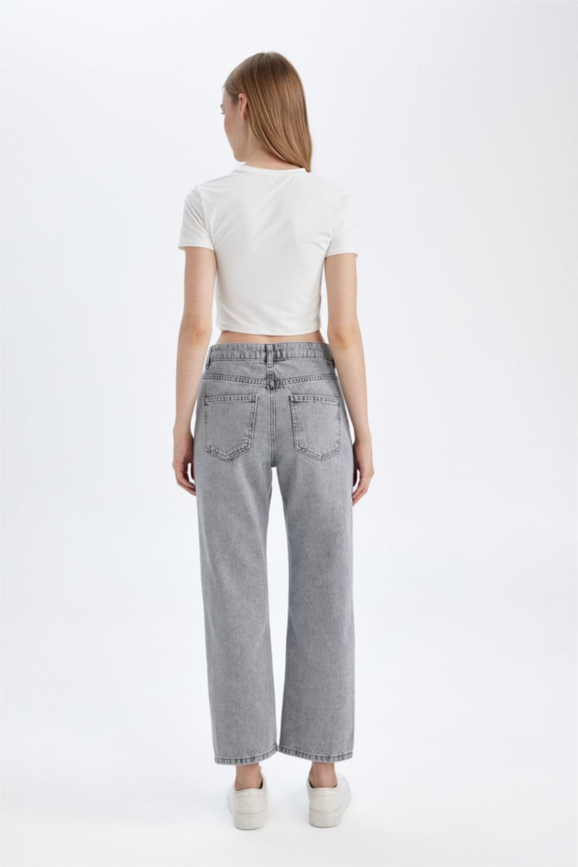 WOMAN Grey Straight Fit High Waist Ankle Length Washed Jeans