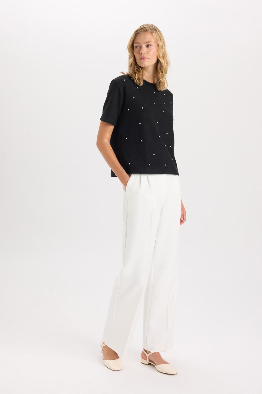 Kadın Ekru Wide Leg Dokuma Pantolon Geniş Bol Paça Pensli Cepli Yüksek Bel Basic Düz Uzun Boy