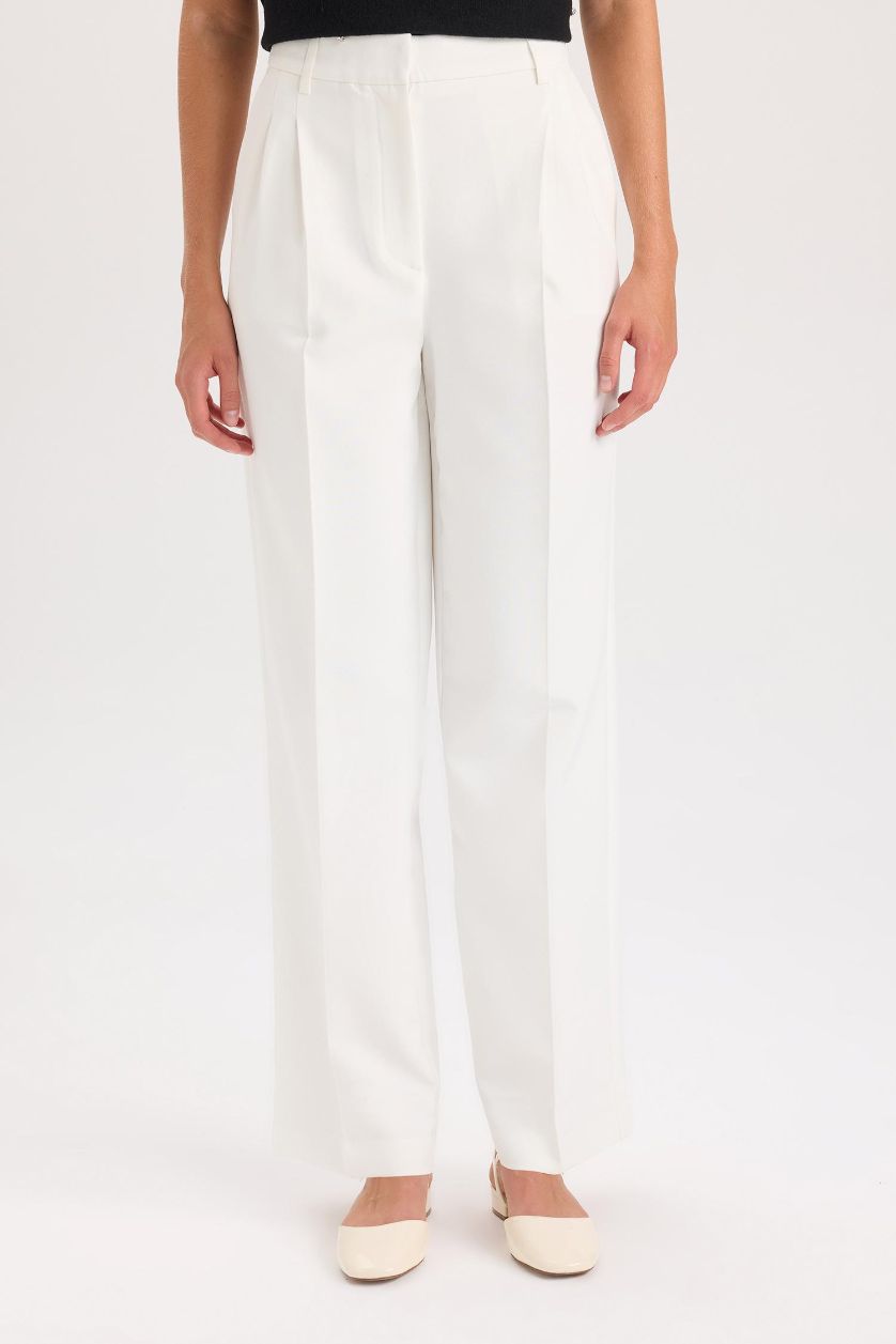 Kadın Ekru Wide Leg Dokuma Pantolon Geniş Bol Paça Pensli Cepli Yüksek Bel Basic Düz Uzun Boy