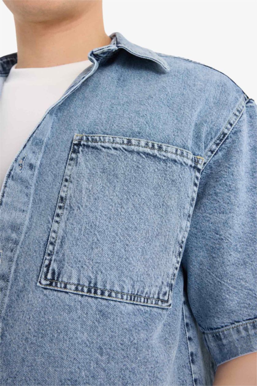 Erkek Mavi %100 Pamuk Relax Fit Yazlık Kısa Kollu Jean Gömlek