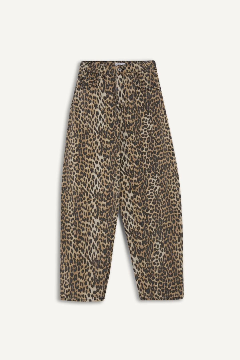 Kadın Kahve Baggy Fit Leopar Desenli Yüksek Bel Standart Boy Gabardin Pantolon