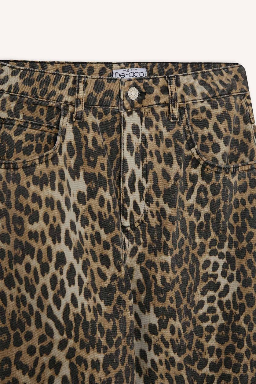 Kadın Kahve Baggy Fit Leopar Desenli Yüksek Bel Standart Boy Gabardin Pantolon