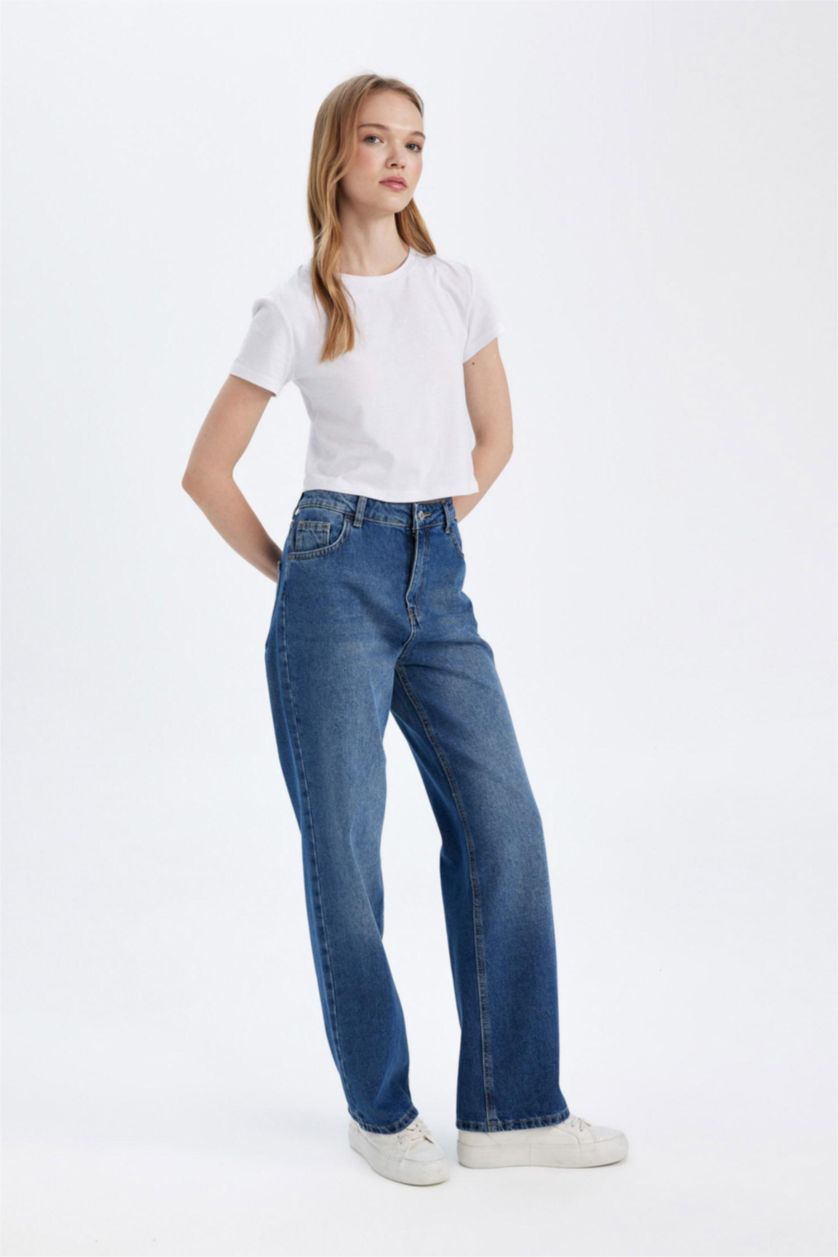 Kadın Koyu Mavi 90's Wide Leg Yüksek Bel Uzun Jean Yıkamalı Pantolon