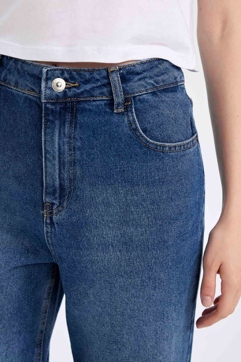 Kadın Koyu Mavi 90's Wide Leg Yüksek Bel Uzun Jean Yıkamalı Pantolon