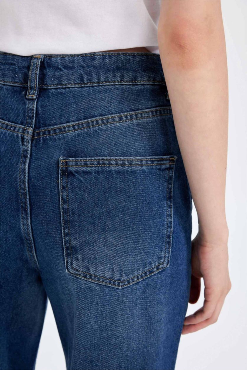 Kadın Koyu Mavi 90's Wide Leg Yüksek Bel Uzun Jean Yıkamalı Pantolon