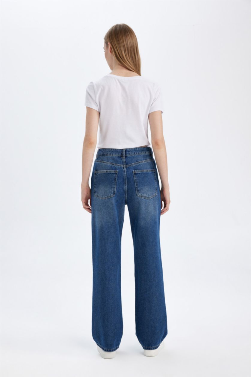 Kadın Koyu Mavi 90's Wide Leg Yüksek Bel Uzun Jean Yıkamalı Pantolon