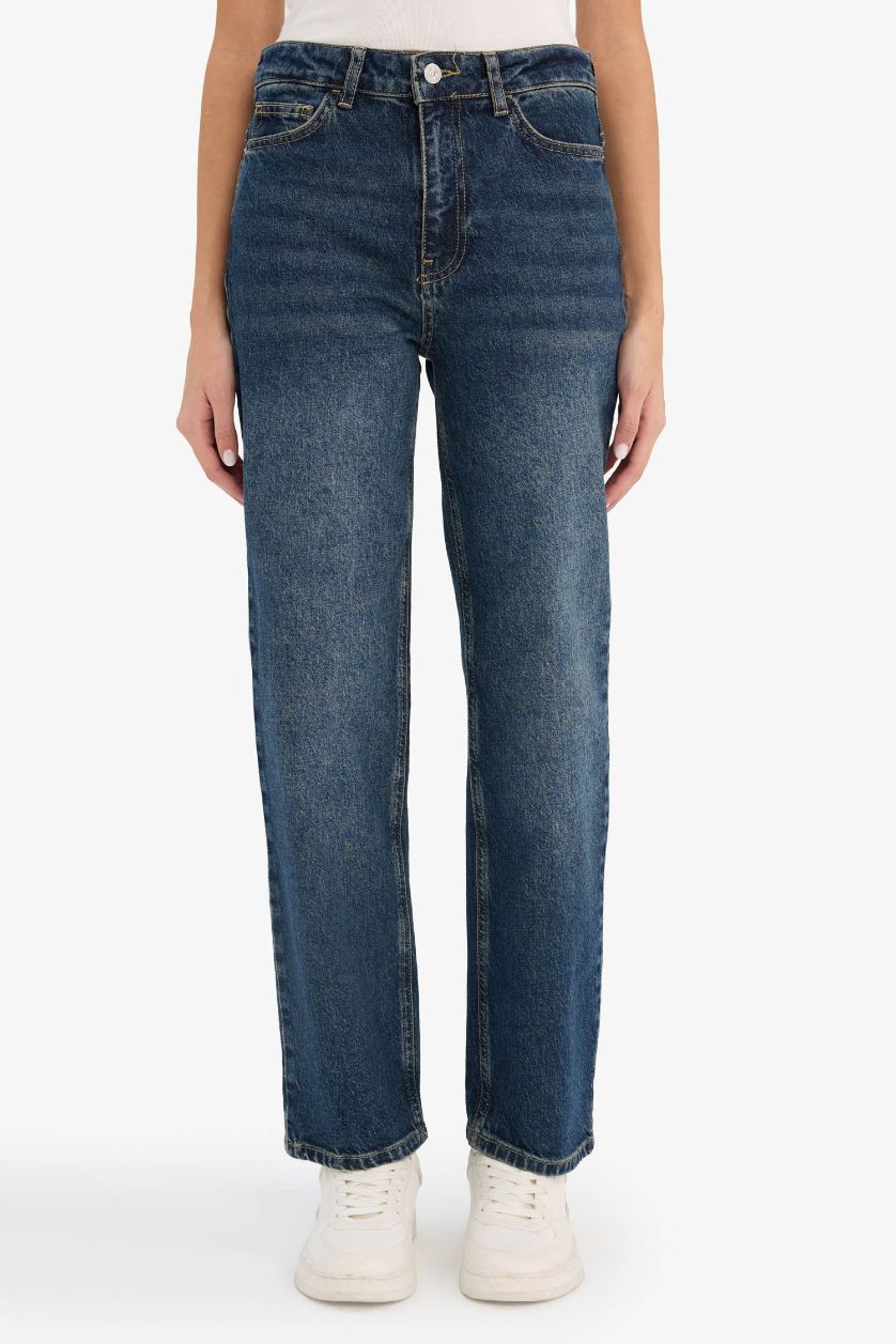 FEMME Bleu Jean délavé longueur cheville à taille haute Coupe droite