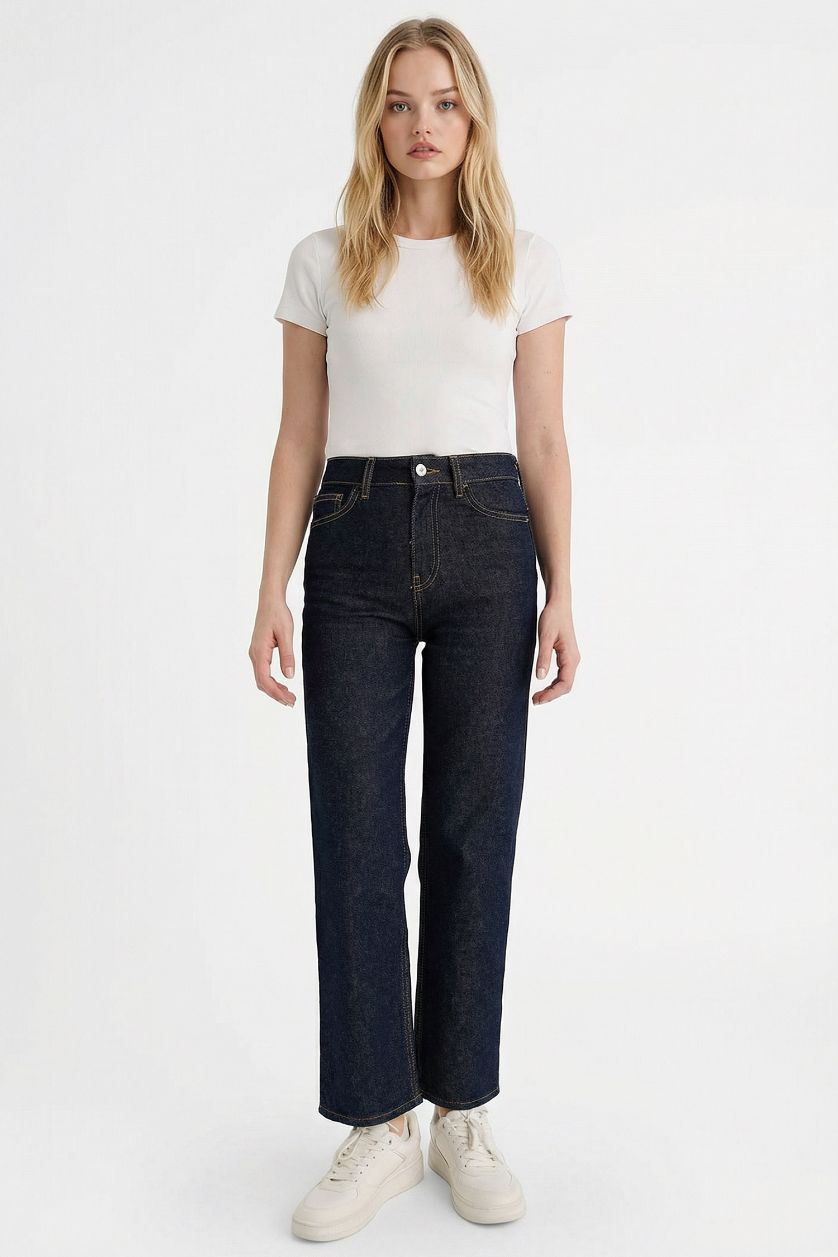 Woman Blue Black Comfort Straight High Waist Ankle Length Jeans