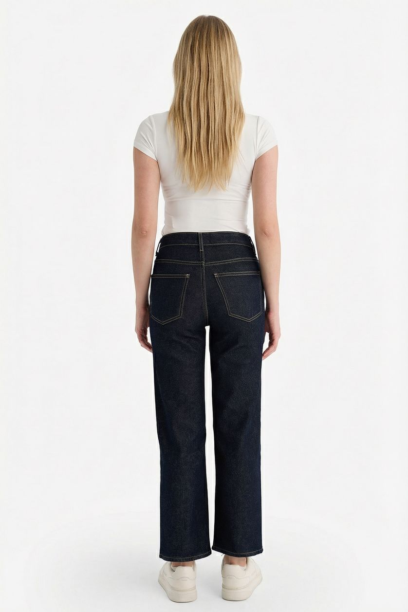 Woman Blue Black Comfort Straight High Waist Ankle Length Jeans