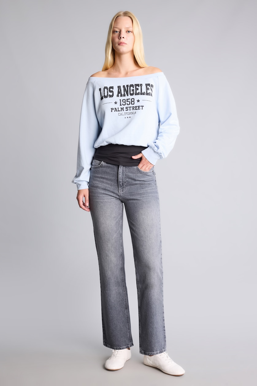 FEMME Gris Jean à taille mi-haute Coupe droite