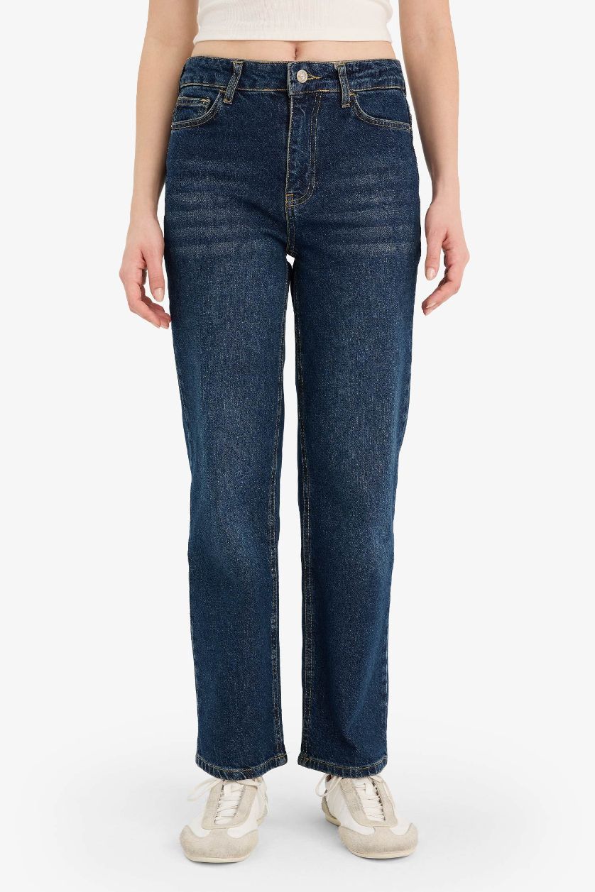 Woman Dark Blue Comfort Straight High Waist Ankle Length Jeans