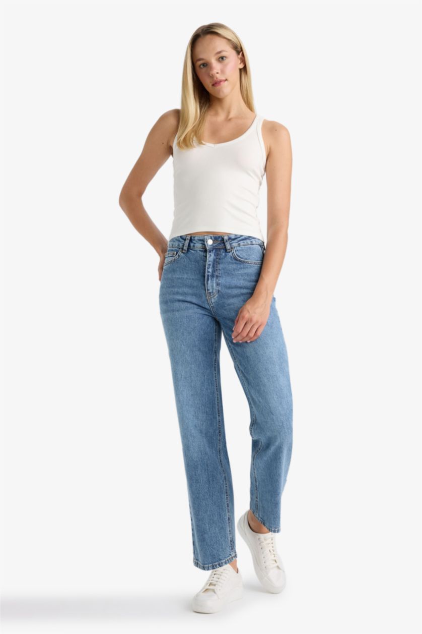 WOMAN Blue Comfort Straight Fit High Waist Ankle Length Washed Jeans