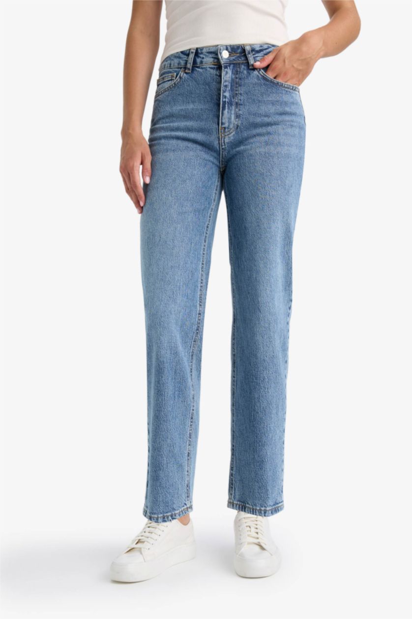 WOMAN Blue Comfort Straight Fit High Waist Ankle Length Washed Jeans