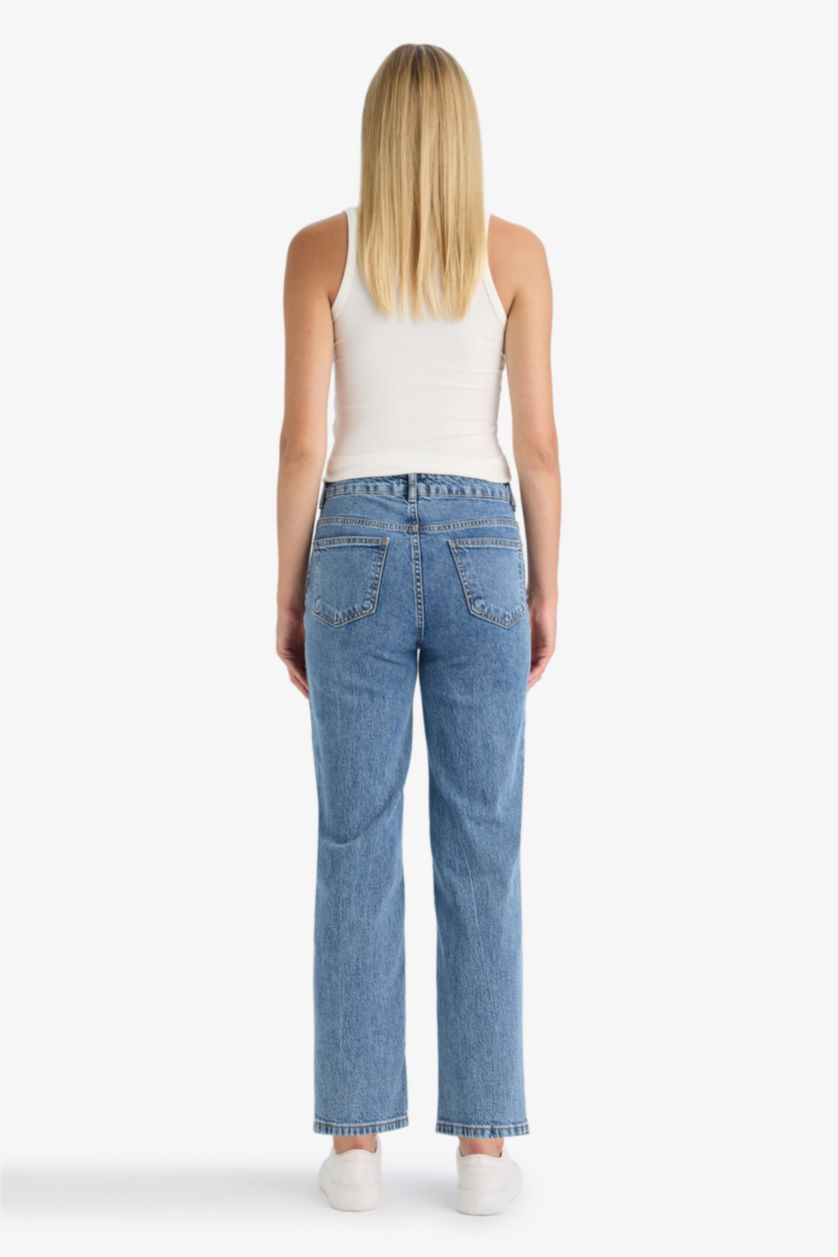 WOMAN Blue Comfort Straight Fit High Waist Ankle Length Washed Jeans