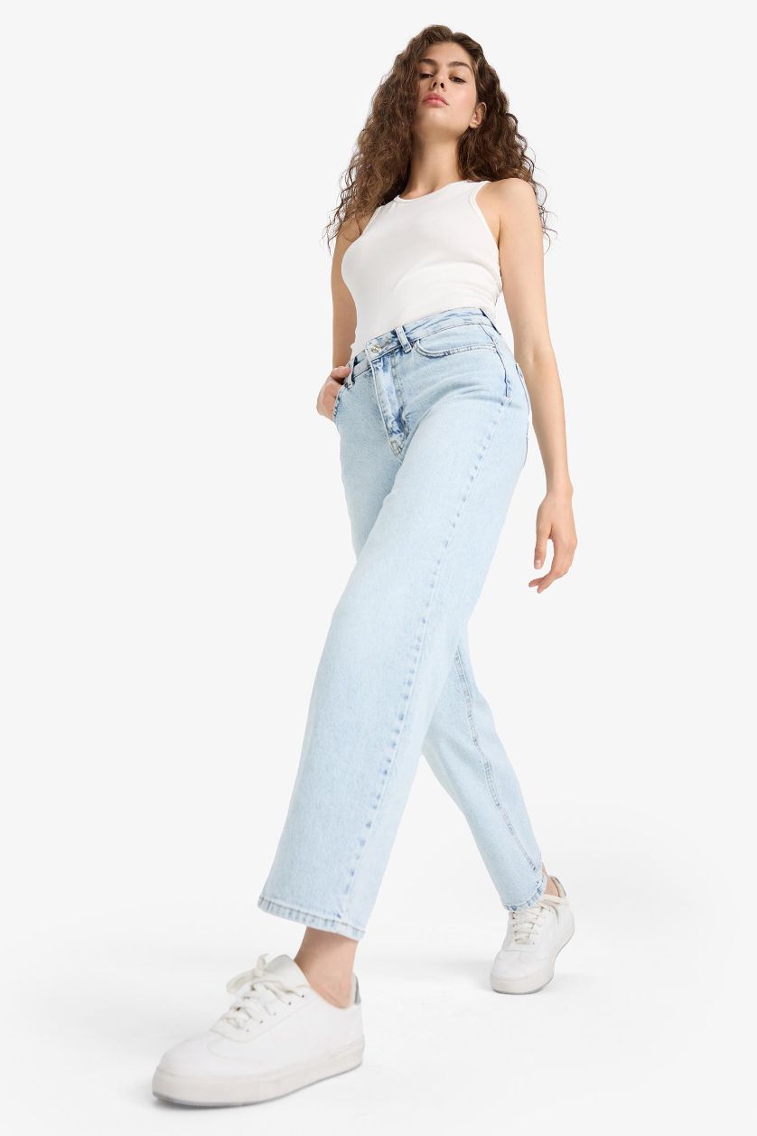 حريمي أزرق فاتح بنطلون جينز كومفرت بخصر عالي